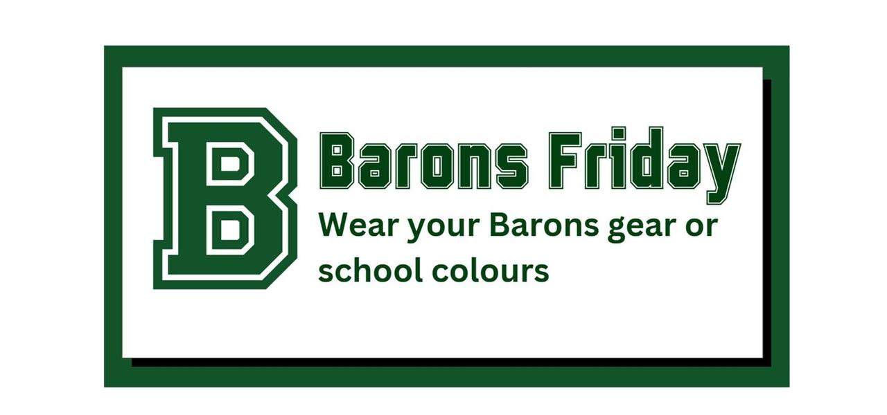 Text promoting 'Barons Friday' with school colors and attire encouragement.