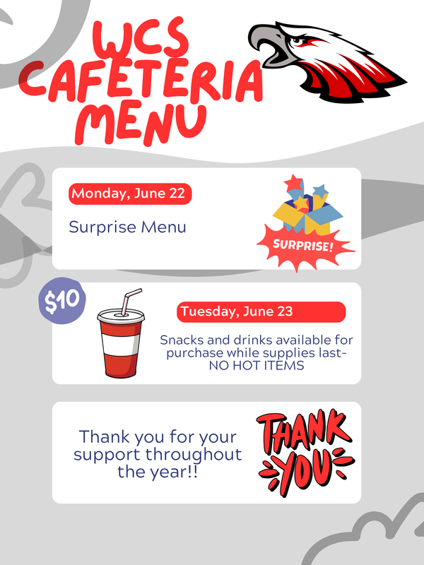 Top is white with third of page covered in shades of grey. Red title. White rectangles have date  and menu item. Monday is a surprise box, Tuesday is an illustrated red and white cup drink, with a yellow THANK YOU in the last
