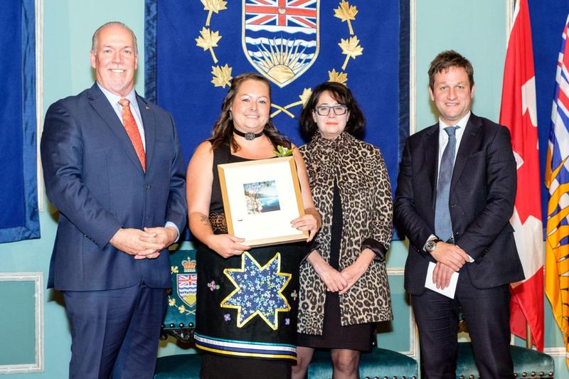 Jeannine Lindsay is presented her award of excellence by John Horgen, BC Premier, Lt. Gov. Janet Austin, and Rob Fleming, Minister of Education