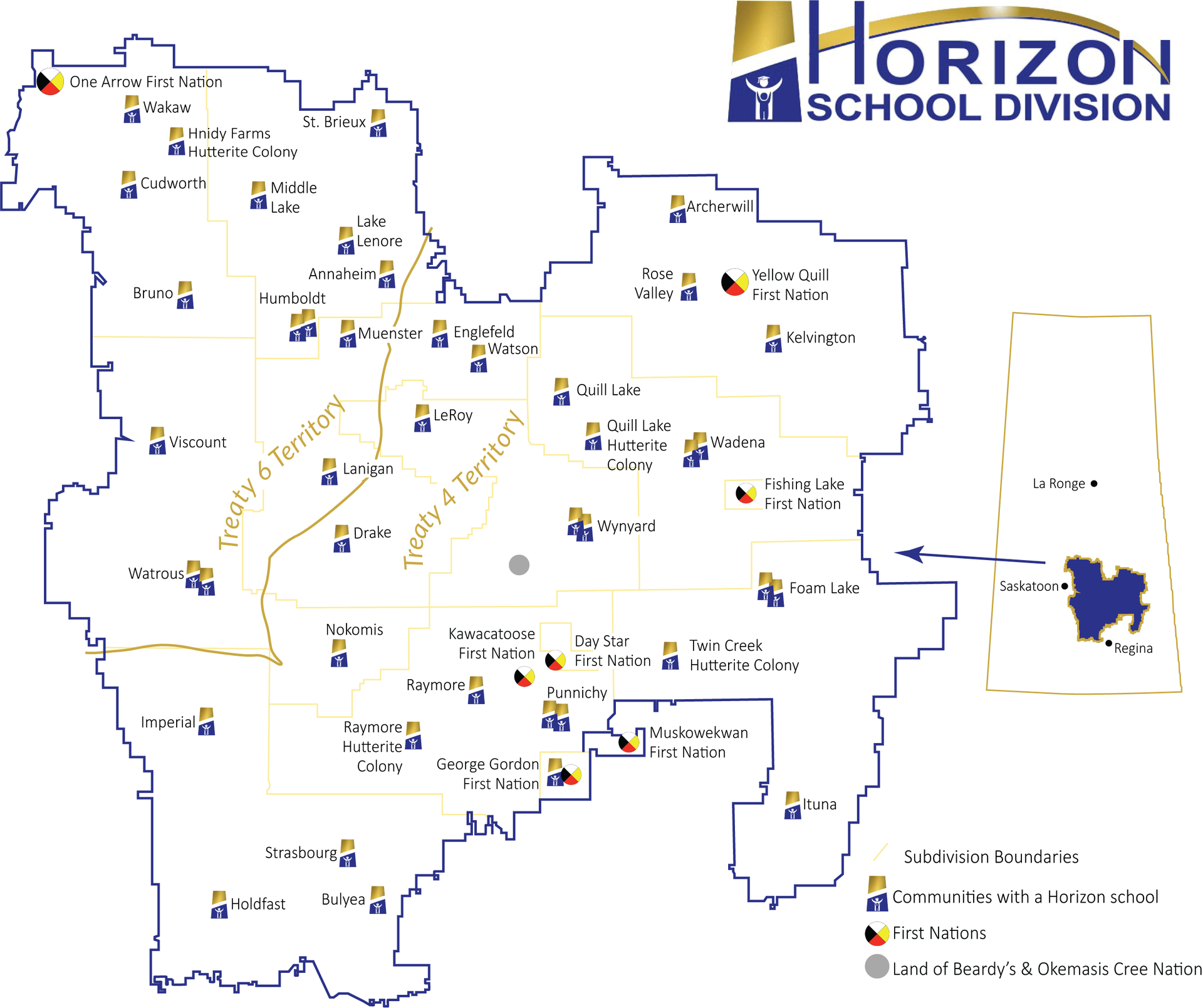 Map of Horizon School Division No 205 showing subdivision boundaries, Treaty 4 and Treaty 6 Boundary, and location of Horizon's schools.