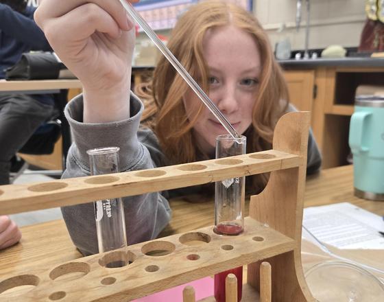 A student uses a pipette to transfer liquid between test tubes in a lab setting.
