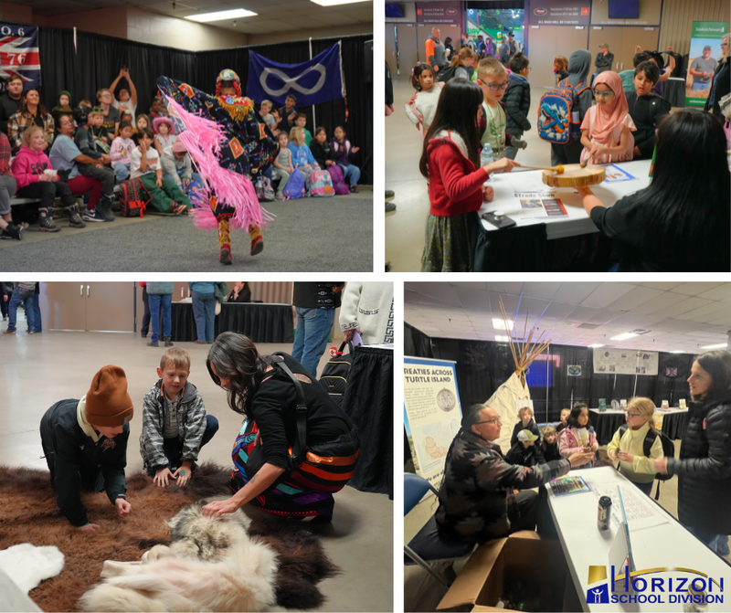 A collage of four photos from the Heritage Link area at Canadian Western Agribition. Top left: A young powwow dancer in bright regalia and pink fringe performs for a large seated crowd of students. Top right: Children gather around an interactive Indigenous agriculture table, asking questions and examining items. Bottom left: Two young boys explore animal pelts on the floor while an Elder or Knowledge Keeper kneels beside them. Bottom right: Students sit and stand around a learning booth with a small tipi display, listening to presenters speak about treaties and Indigenous teachings. Horizon School Division logo in the corner.