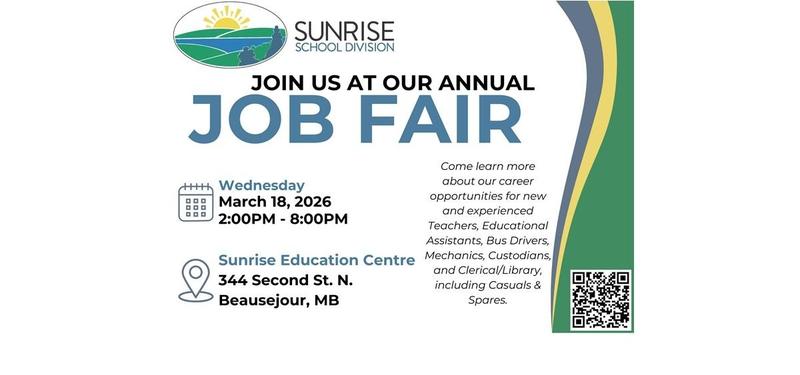 March 18, 2026 from 2 - 8 pm. Sunrise Education Centre 344 Second Street North Beausejour, MB