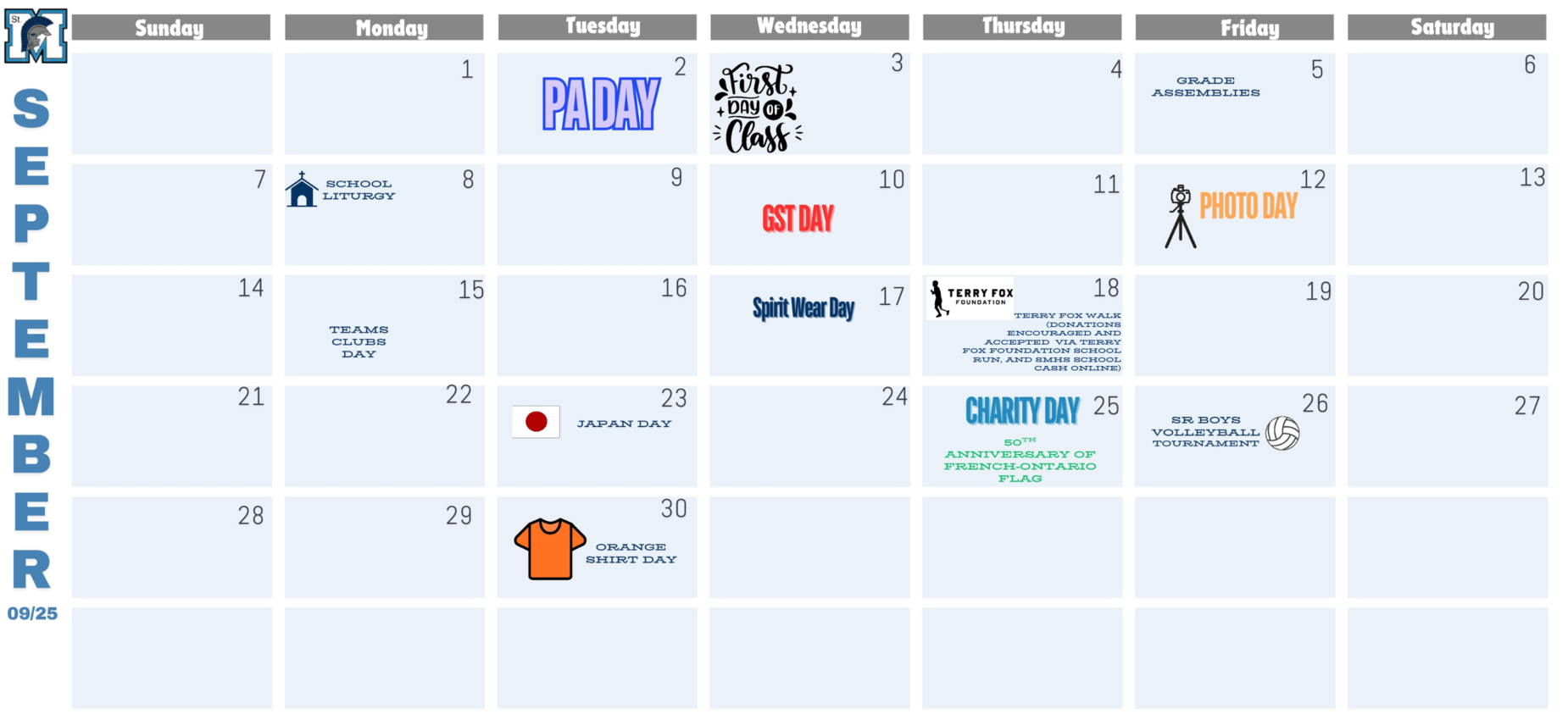 SMHS September Calendar of Events