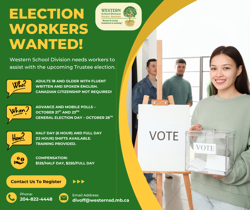 Information regarding the duties of election works with picture of young person holding a voting box