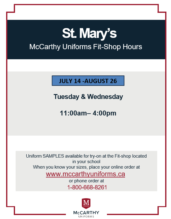 McCarthy Uniform Fit Shop Summer Hours Featured Photo