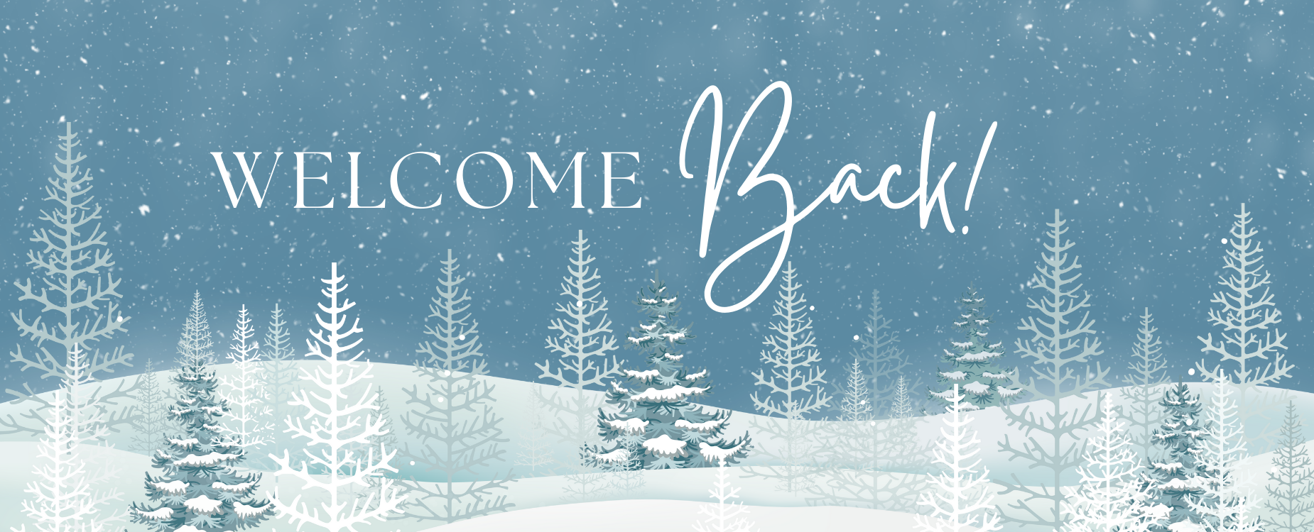 Winter landscape of snow covered trees and blue sky with text "Welcome Back".