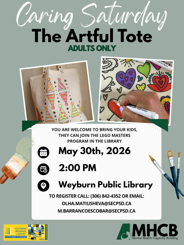 Top left is a picture of a cream coloured canvas tote bag with marker drawings on it. Upper right has a close up of a hand drawing with marker on a tote. Bottom left is the library logo and bottom right is the SECPSD MHCB logo.
