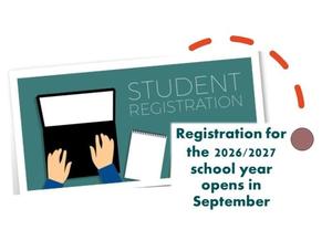 Graphic promoting student registration for the 2026/2027 school year. The image features an illustration of hands using a laptop beside the text: “Registration for the 2026/2027 school year opens in September.”