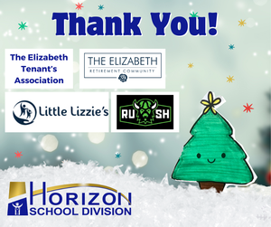 A festive “Thank You!” graphic featuring supporter logos for Horizon School Division’s Christmas Hamper Project. Logos shown include The Elizabeth Tenant’s Association, The Elizabeth Retirement Community, Little Lizzie’s, and the Saskatchewan Rush. A cute illustrated Christmas tree with a smiling face appears on the right, surrounded by snow and colourful stars. The Horizon School Division logo is at the bottom.