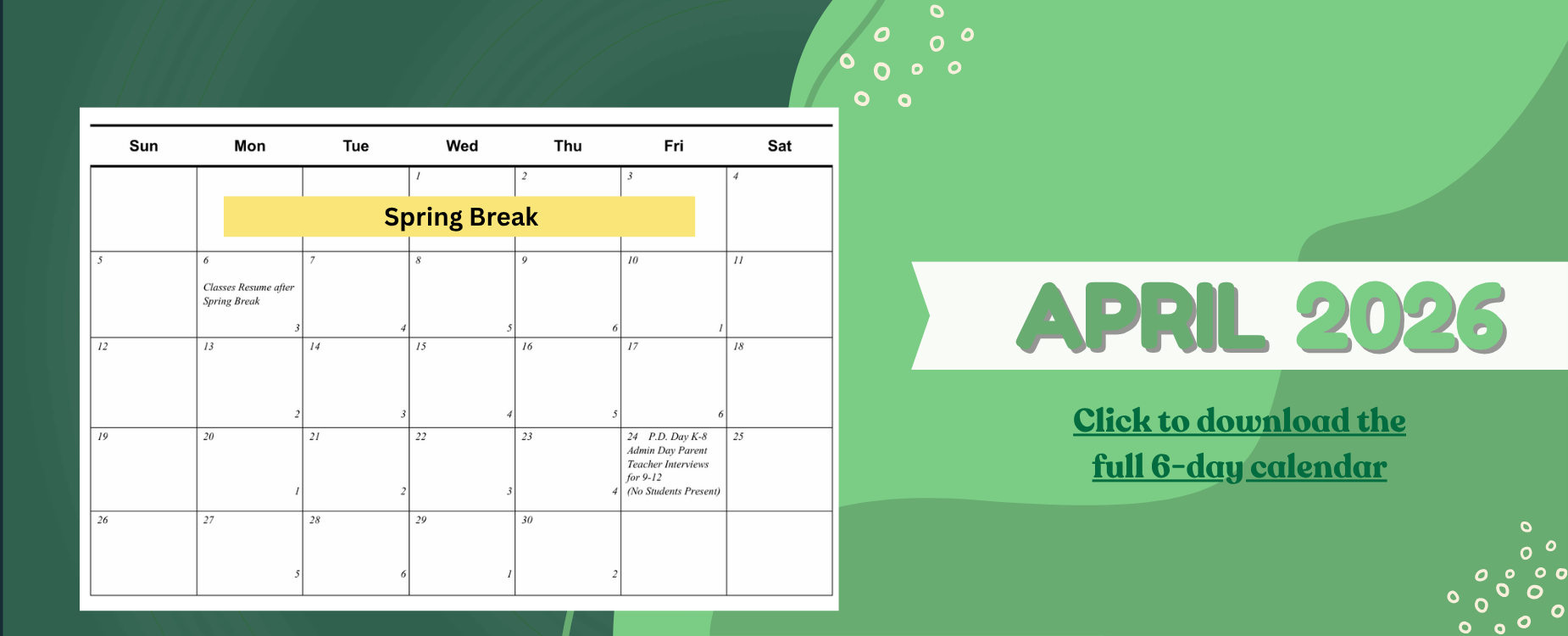 April 2026 6-day school cycle calendar.