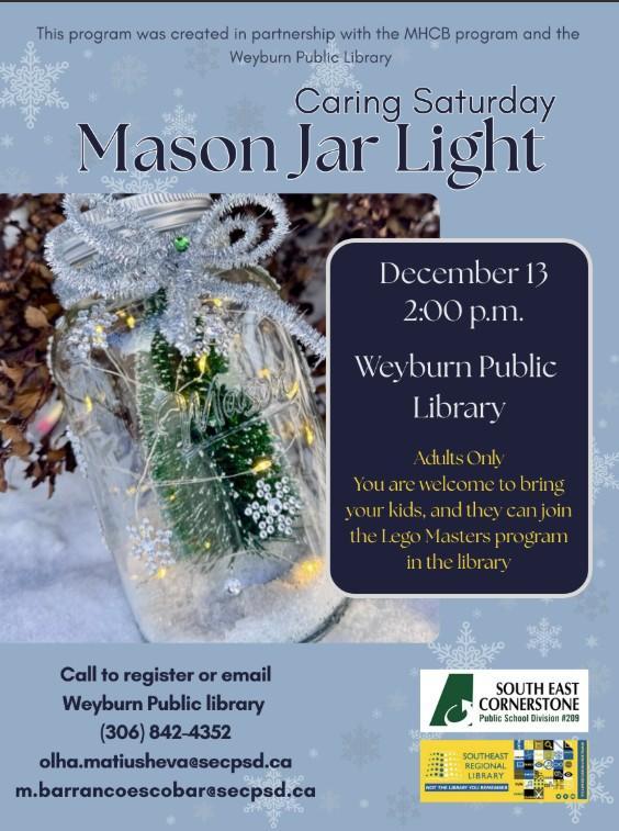 Snowflakes across the background. A picture of a mason jar with fairy lights around a small pine tree inside the jar. Fake snow is on the ground inside the jar. There is a  silver sparkly bow around the rim of the jar.