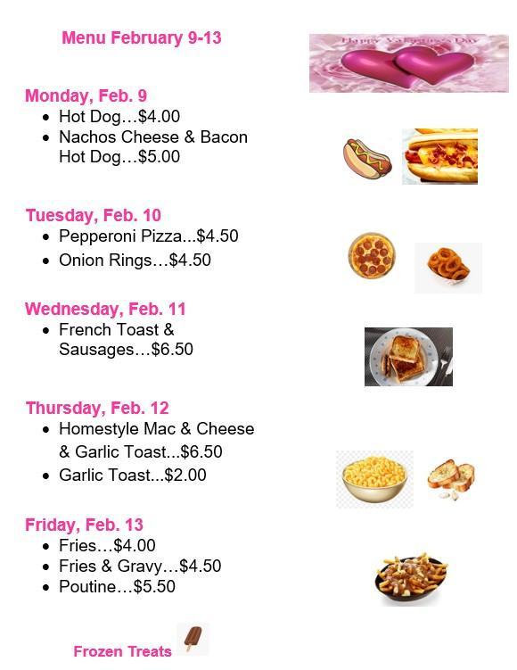 White menu with days and dates in pink. Menu items and prices in black. To the right of the menu items are stock photos of that food.