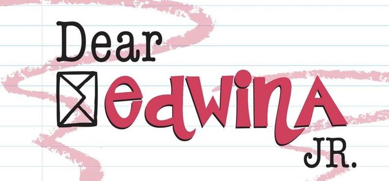 The background is a page of notebook paper with blue horizontal lines and a red vertical line on the left. There is a faded red eraser mark squiggled throughout the page. to the left of Edwina, is a vertical  hand drawn envelope