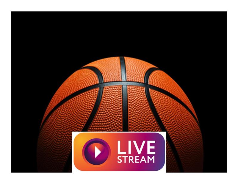 Basketball against a dark background with a live stream logo on the bottom centre.
