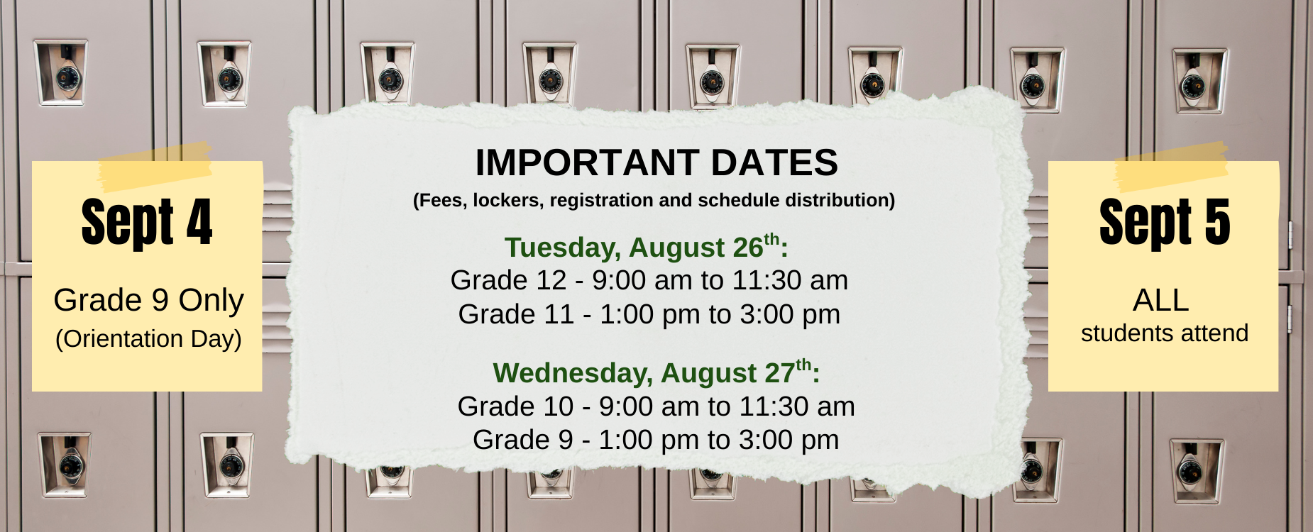 A row of lockers with text of important dates.