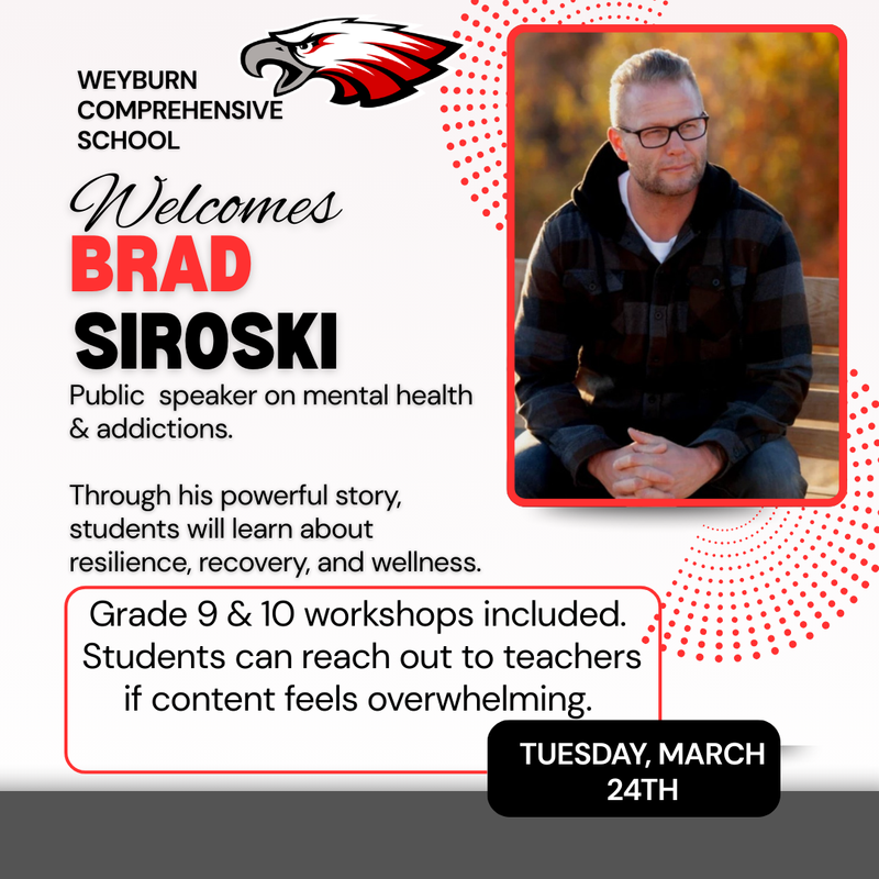 White background. Eagles logo top centre. Upper right is a picture of Brad Siroski with red dotted circles surrounding it.