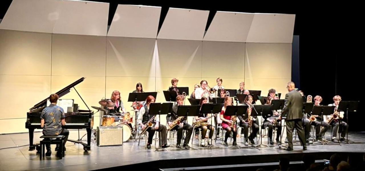 Orchestra up on stage.  A piano player on the left a conductor up at the front and then a group of people playing various instruments.