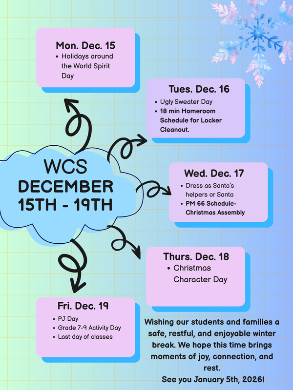 light coloured background. pastel snowflake top right. light purple boxes with information listed for each week day. Bottom left has message for students and families.