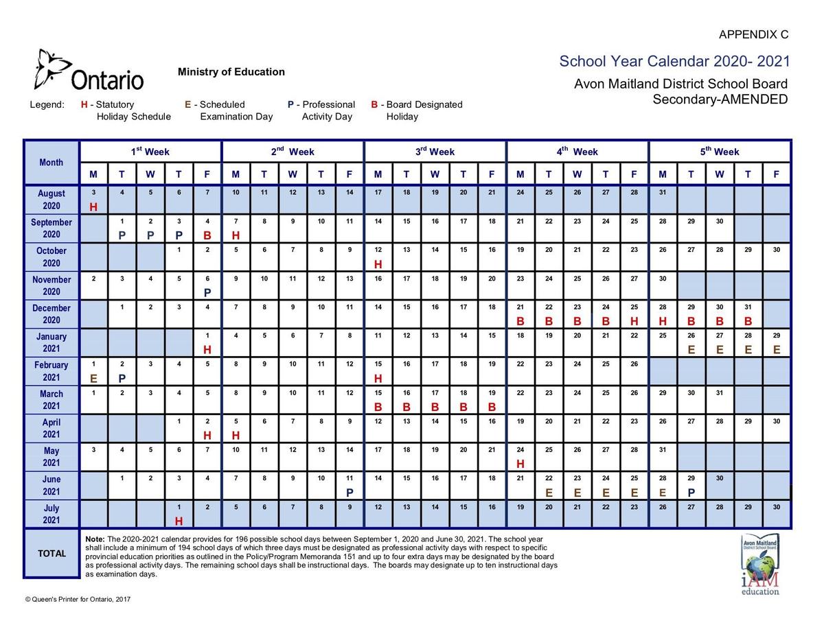 Secondary school year calendar 2020-21