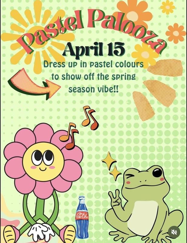 green checkered background. pink and yellow Cartoon flower sitting  on the bottom left with a bottle of coke to her right. Next is a fat green frog making a peace sign with its fingers. Above are musical notes, arrows, and more flowers. all in pastel colours of spring