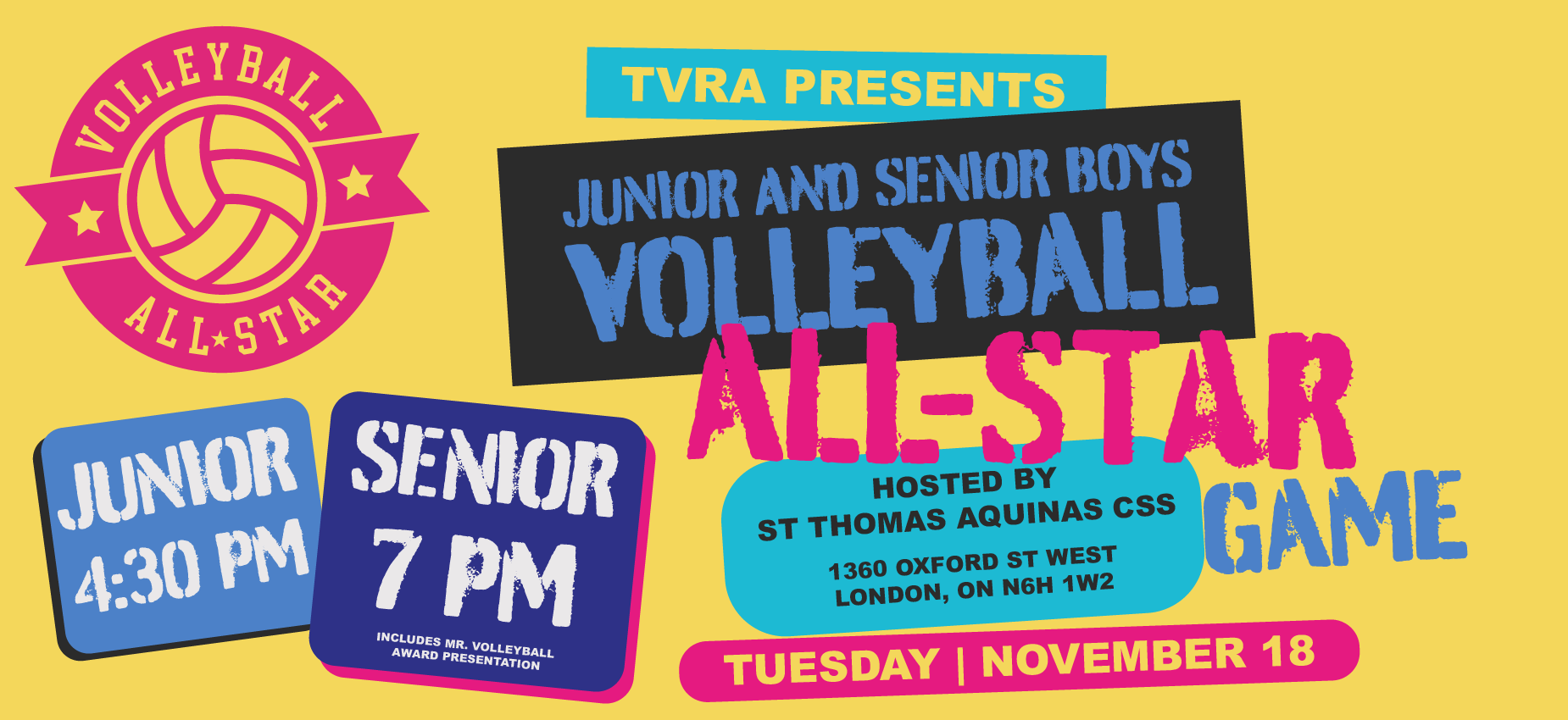 2025 Junior and Senior Boys Volleyball All-Star game on Tuesday, November 18. Junior game at 4:30 PM and Senior game at 7 PM.