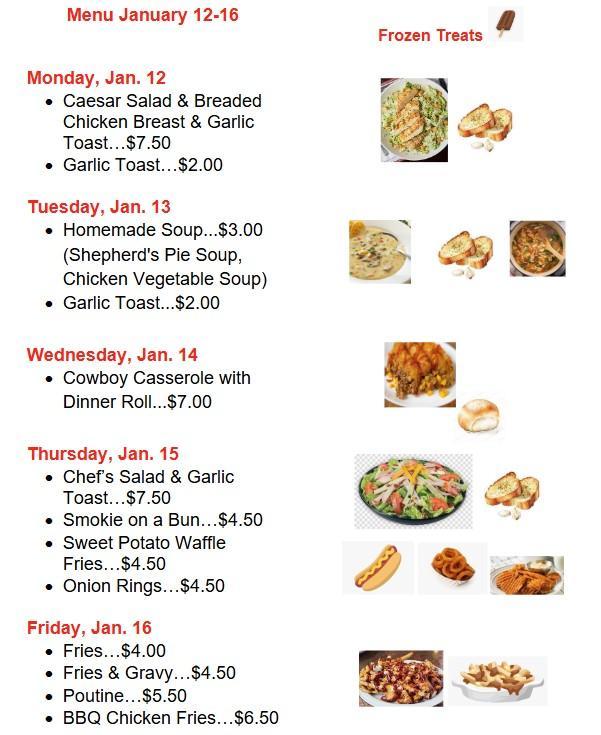 Menu listing and praices are on the left. Pictures of menu item examples are down the right side.