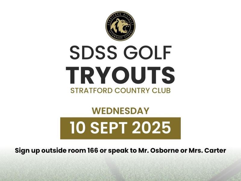 Poster for SDSS Golf Tryouts on September 10, 2025, featuring a golf club and ball on green turf. Information on registration included.
