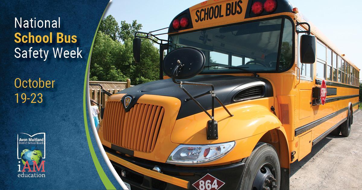 Promotional graphic for National School Bus Safety Week October 19-23. AMDSB logo. Photo of school bus.  