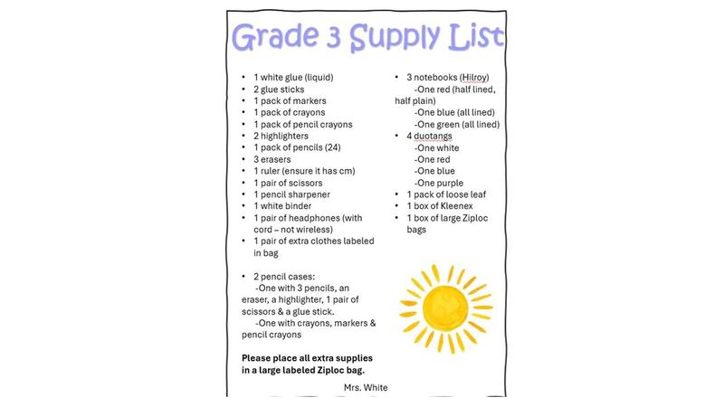 Grade 3 Supply List 2026/27