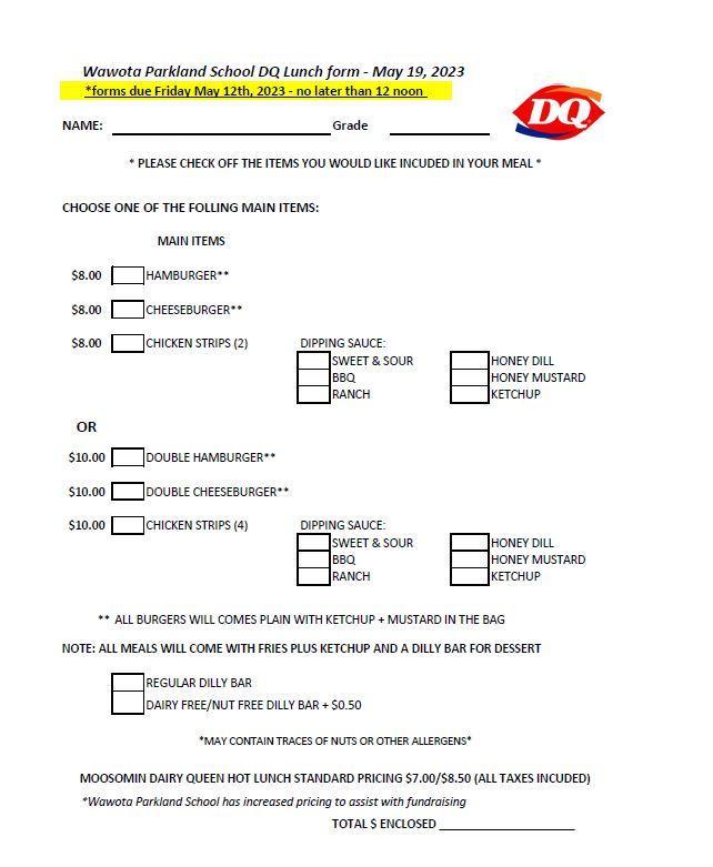 DQ lunch form