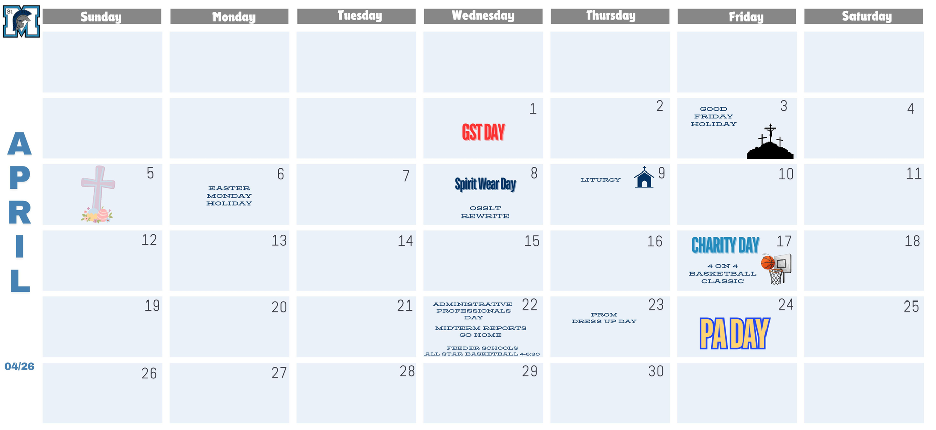 SMHS April Calendar of Events
