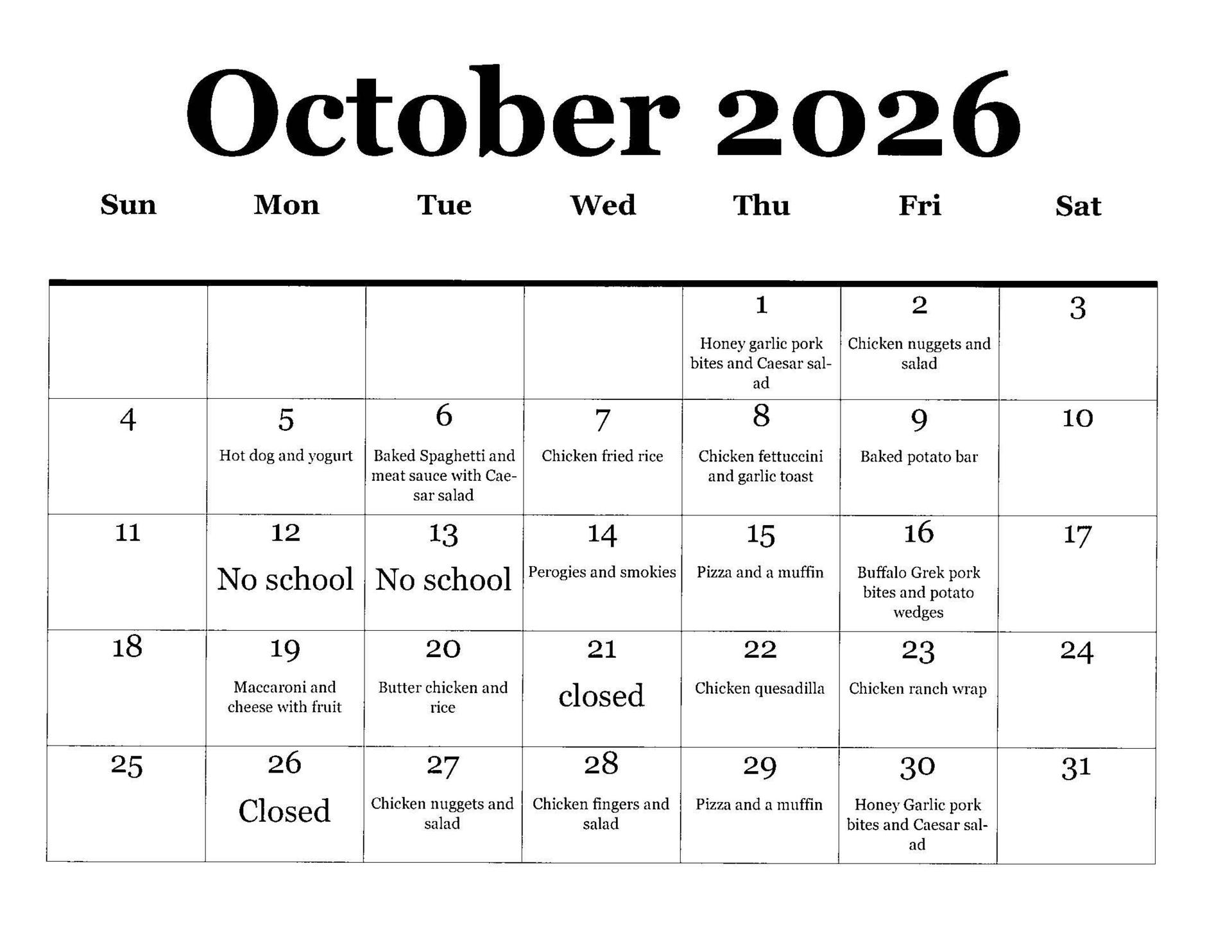October 2026 Calander