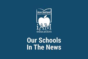 Graphic with the AMDSB logo and the words “iAM education” above the headline “Our Schools In The News” on a blue background.