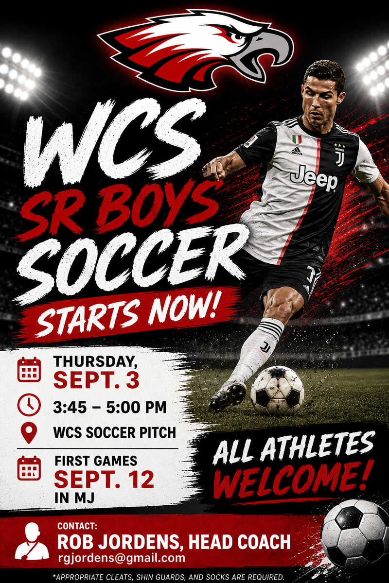 Poster for WCS Sr Boys Soccer Season.
