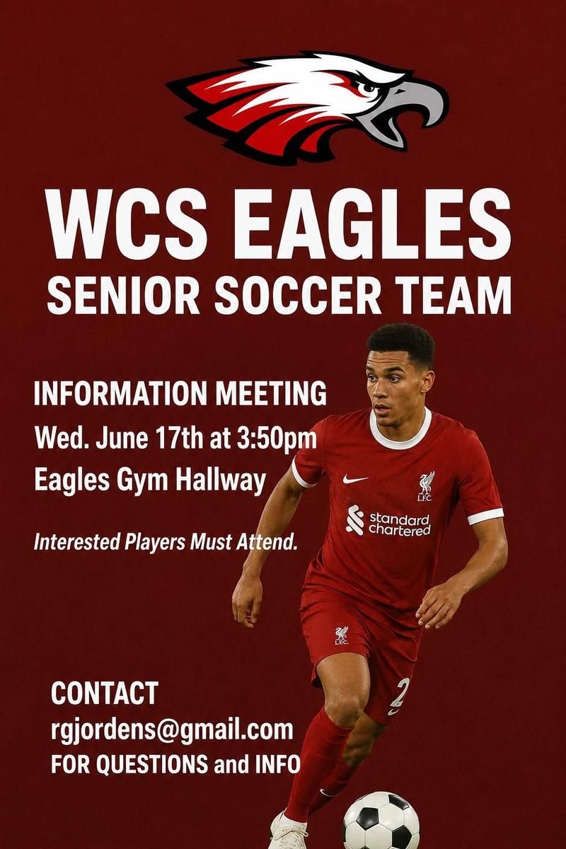 Eagles logo top centre above title. Right side of tha page has a soccer player in a red uniform handling a soccer ball.