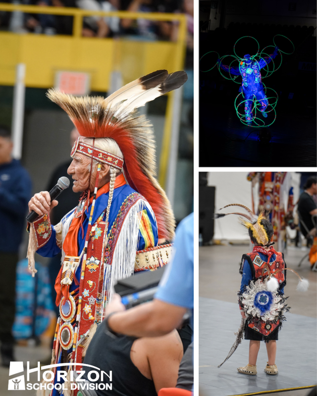 Photo collage of three individuals at the Humboldt Partnership Powwow, showcasing traditional regalia and the vibrant colours and spirit of the event.