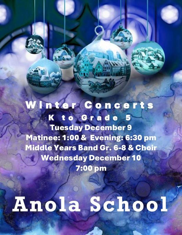 Poster with Christmas Balls saying W i n t e r C o n c e r t s K t o G r a d e 5 Tuesday December 9 Matinee: 1:00 & Evening: 6:30 pm Middle Years Band Gr. 6-8 & Choir Wednesday December 10 7:00 pm