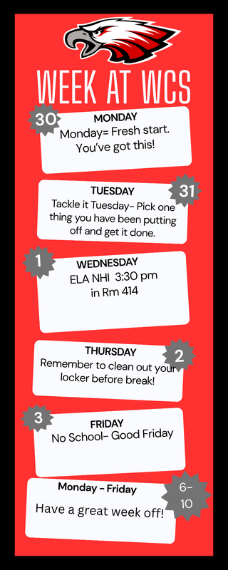 Red background with Black border. Top centre is Eagles Logo. Below is the title then 6 white rectangles with grey badges with the date in their top corner. Each box has a day of the week, the 6th box is for the following week. Details are listed for each day's events.