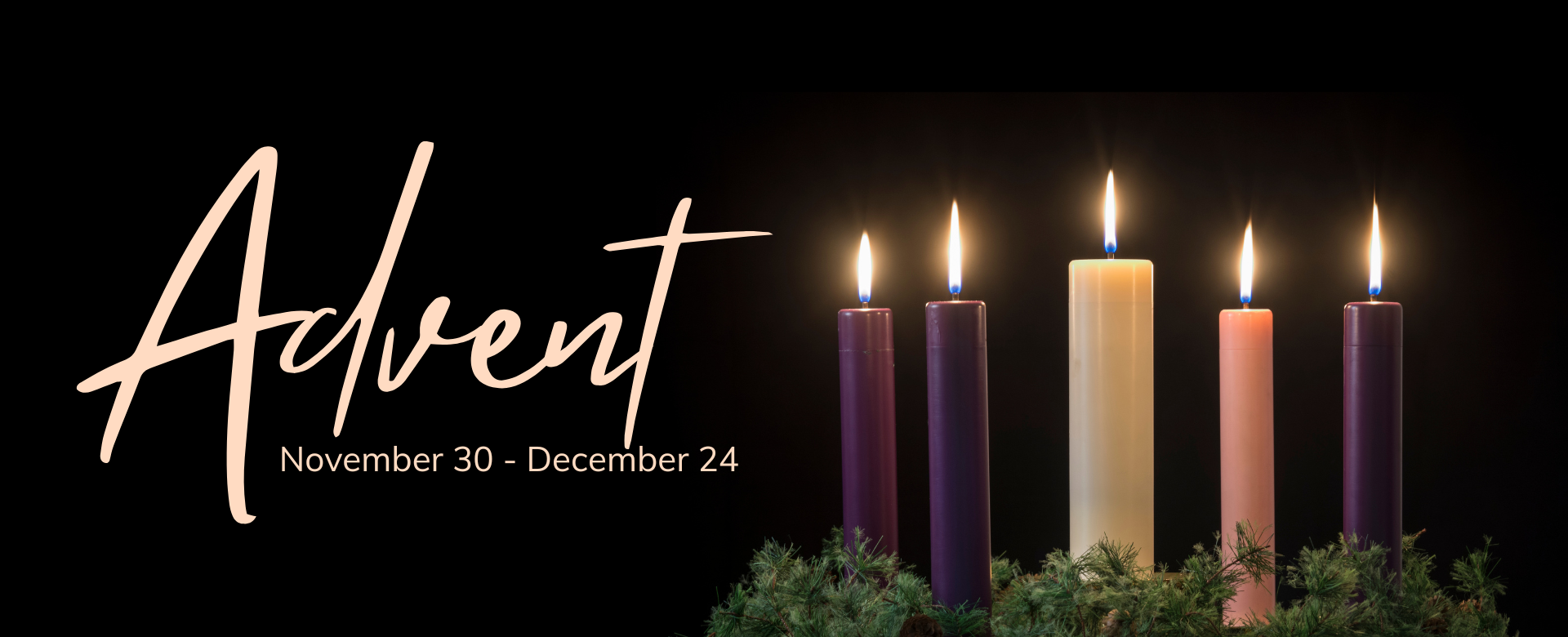 Decorative Advent banner with five lit candles.