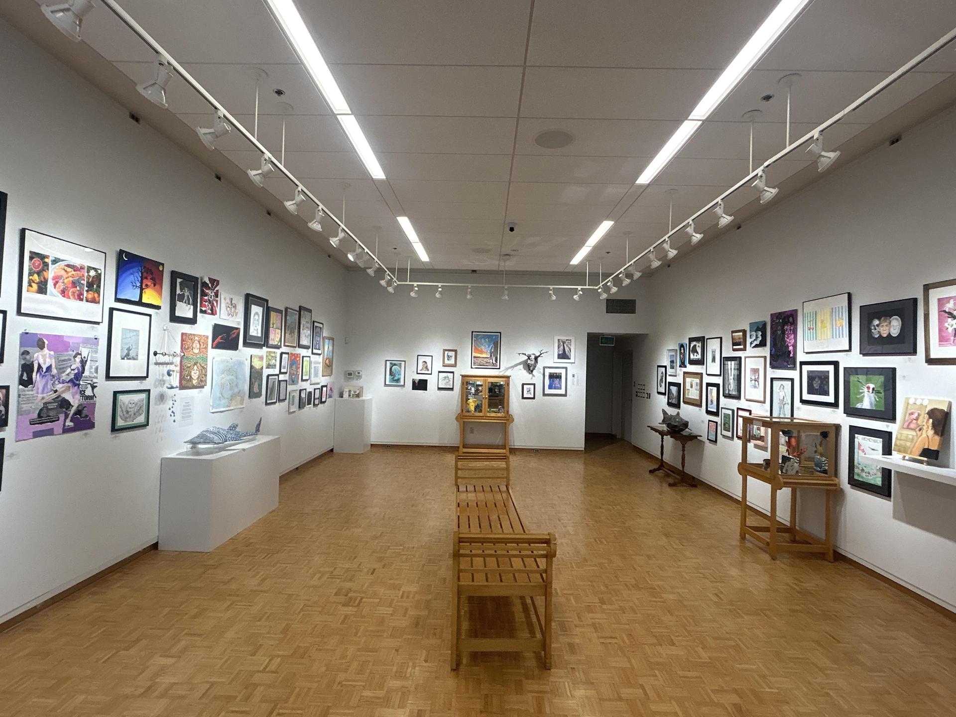 View of the gallery space displaying student work