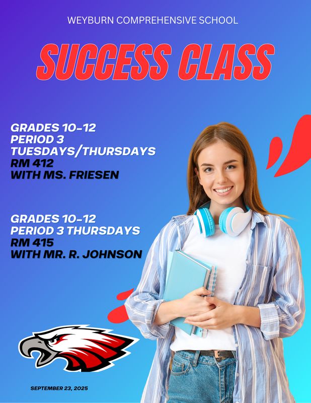 Female student standing in front of a blue background with time and locations listed