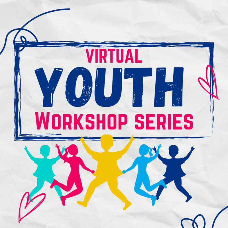 Colorful silhouettes of jumping children surround text announcing a virtual youth workshop series on a crumpled white background.