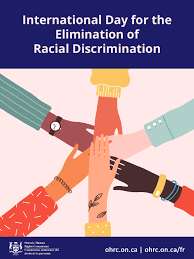 Graphic of colourful cartoon hands reaching into the centre with text "International Day for the Elimination of Racial Discrimination"
