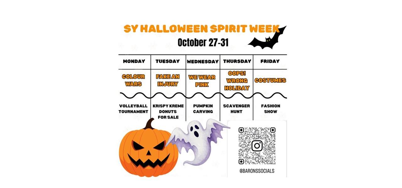 Halloween Spirit Week schedule with themed activities and a jack-o'-lantern.