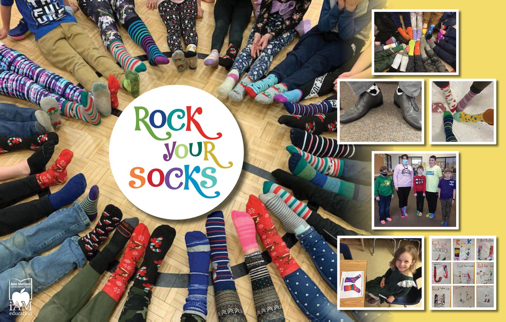 Collage with images of students and staff wearing funky socks, art featuring funky socks, etc.