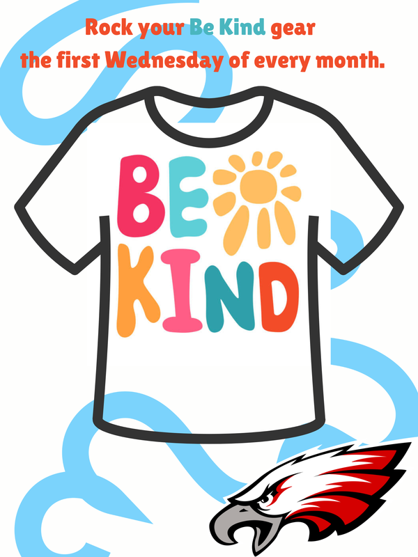 White background with  light blue squiggles through it. The centre is the outline of a Tshirt with the words Be Kind and a handpainted sun on it. The bottom right has the Eagles logo.