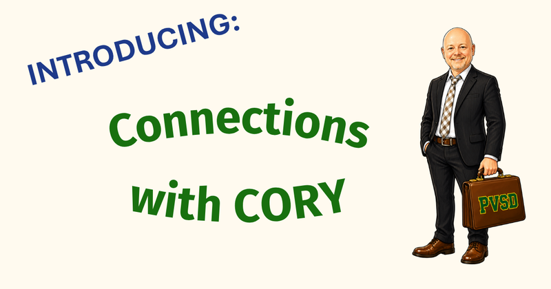 A neutral background with the text 'Introducing Connections with Cory' and a caricature of Cory Popoff: tall bald man with a smile and holding a briefcase