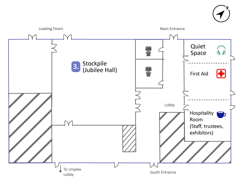 Building floor plan showing the layout of the Stockpile (Jubilee Hall) and surrounding rooms. It highlights the locations of the Quiet Space (with a headphones icon), First Aid (red cross icon), and Hospitality Room (coffee cup icon). Main and south entrances, loading doors, and lobby areas are also marked.