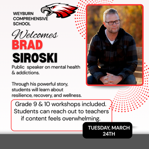 White background. Eagles logo top centre. Upper right is a picture of Brad Siroski with red dotted circles surrounding it.